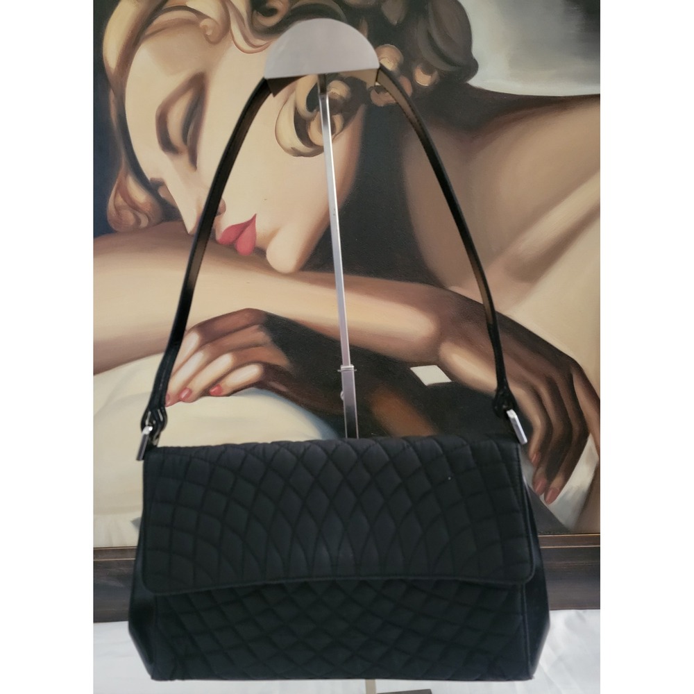 Bally Blk Quilt Nylon Leather Trim Shoulder Bag Silver Hardware Handbag vintage